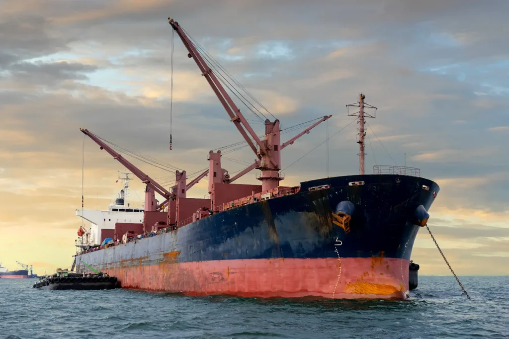 cargo ship freighter ship sea with cloudy sky